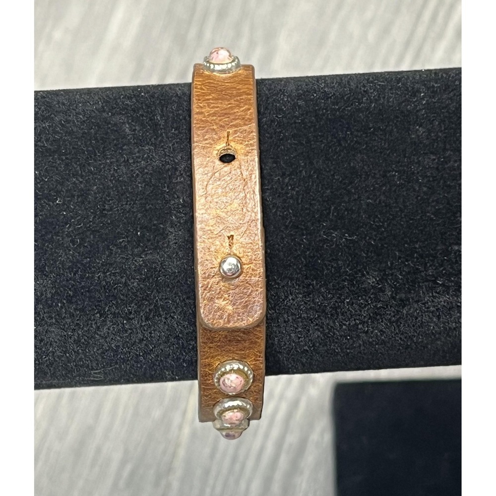 Streets Ahead Leather Studded Cuff Bracelet Pink Stone Boho Adjustable - Picture 3 of 5